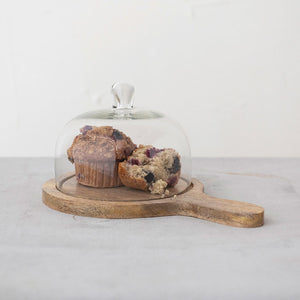 Creative Co-op WOOD HANDLED SERVING TRAY WITH GLASS CLOCHE
