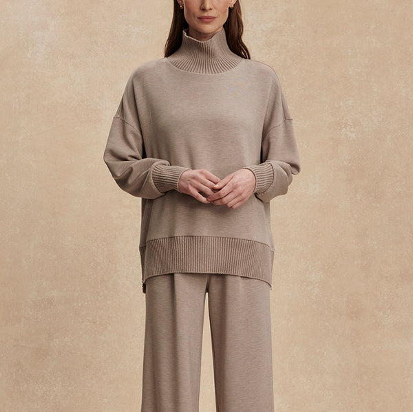 Varley Barker High Neck Sweat in Taupe Marl