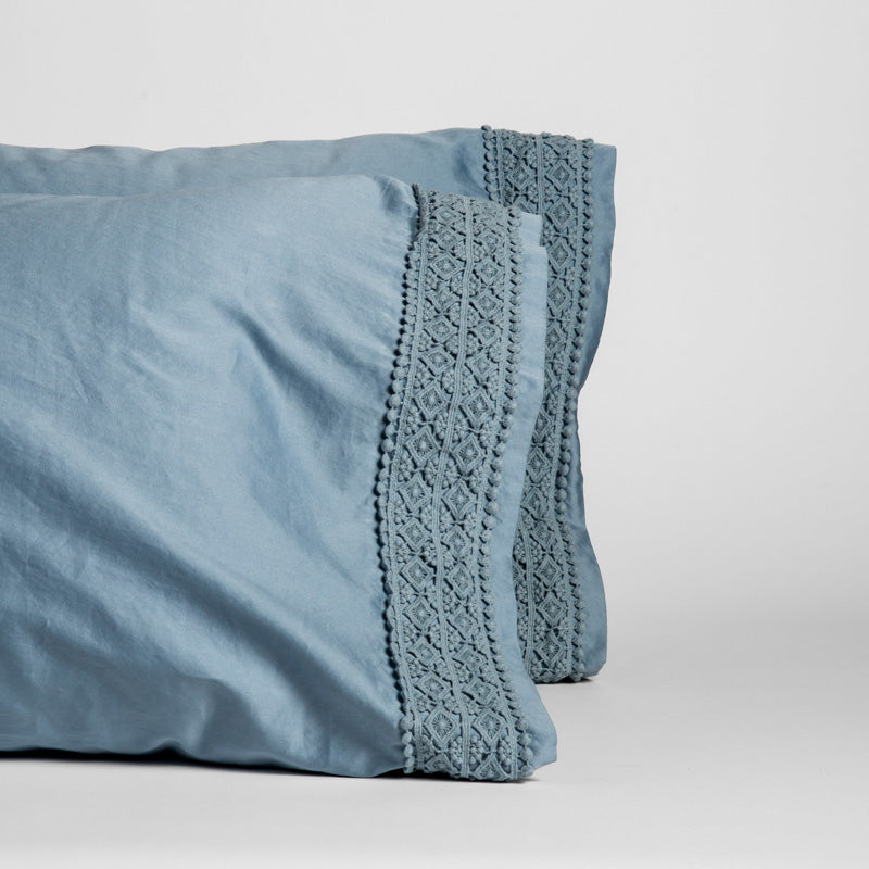 Bella Notte Linens BRIA PILLOWCASE WITH NOVOLA LACE Tahoe Blue
