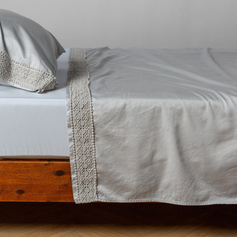 Bella Notte Linens BRIA FLAT SHEET WITH NOVOLA LACE Cloud