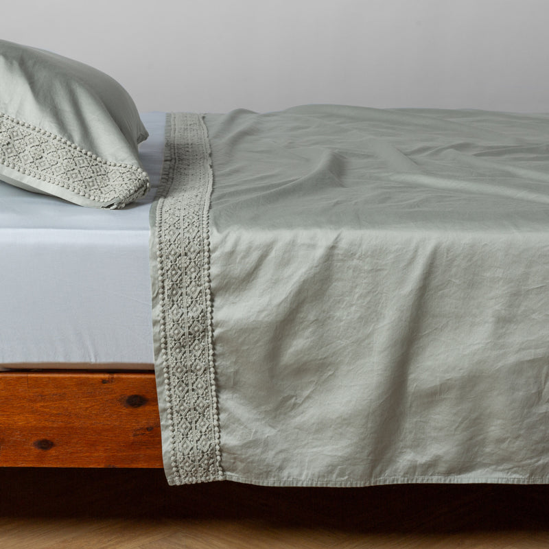 Bella Notte Linens BRIA FLAT SHEET WITH NOVOLA LACE Eucalyptus