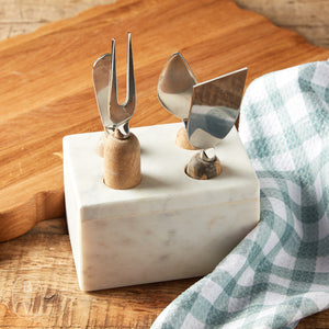 Creative Co-op STAINLESS STEEL CHEESE SERVING SET WITH MARBLE STAND