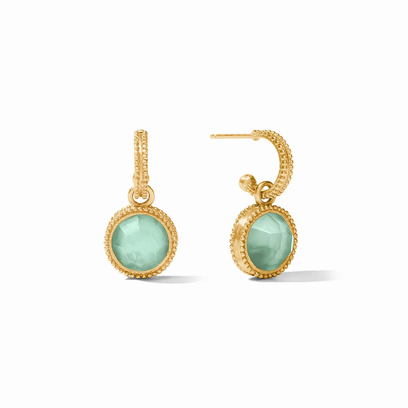 Julie Vos FLEUR DE LIS GOLD HOOP AND CHARM EARRINGS Iridescent Aquamarine Blue