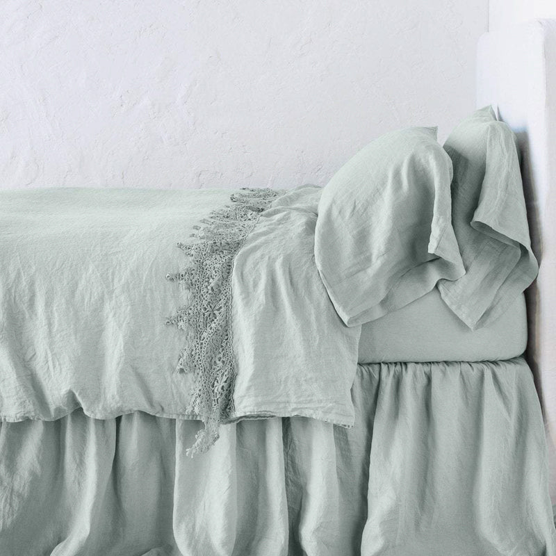 Bella Notte Linens LINEN FLAT SHEET WITH COTTON LACE TRIM Eucalyptus