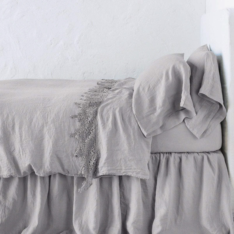 Bella Notte Linens LINEN FLAT SHEET WITH COTTON LACE TRIM Fog