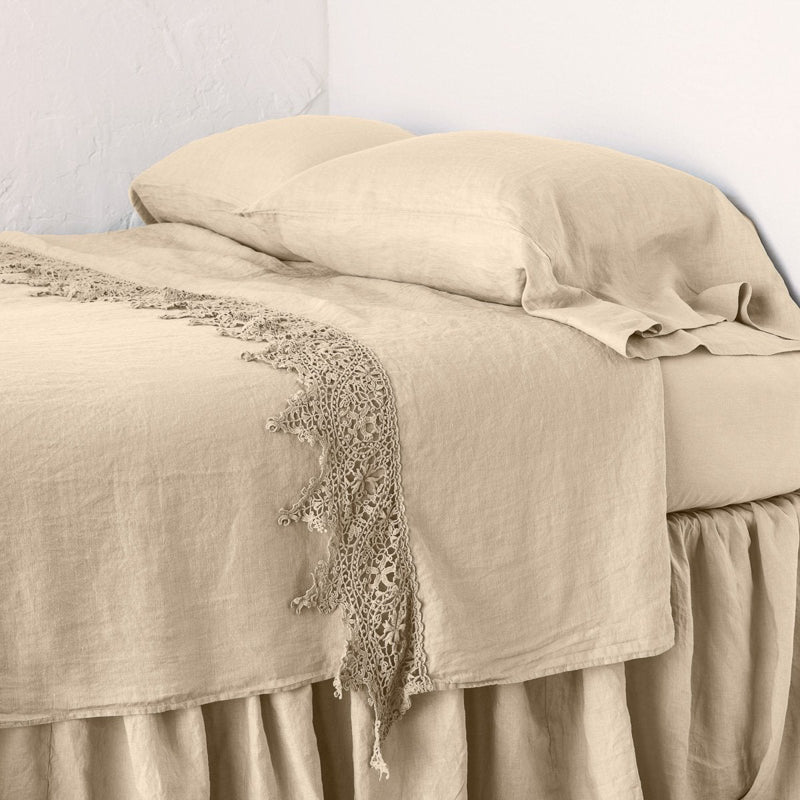 Bella Notte Linens LINEN FLAT SHEET WITH COTTON LACE TRIM Honeycomb