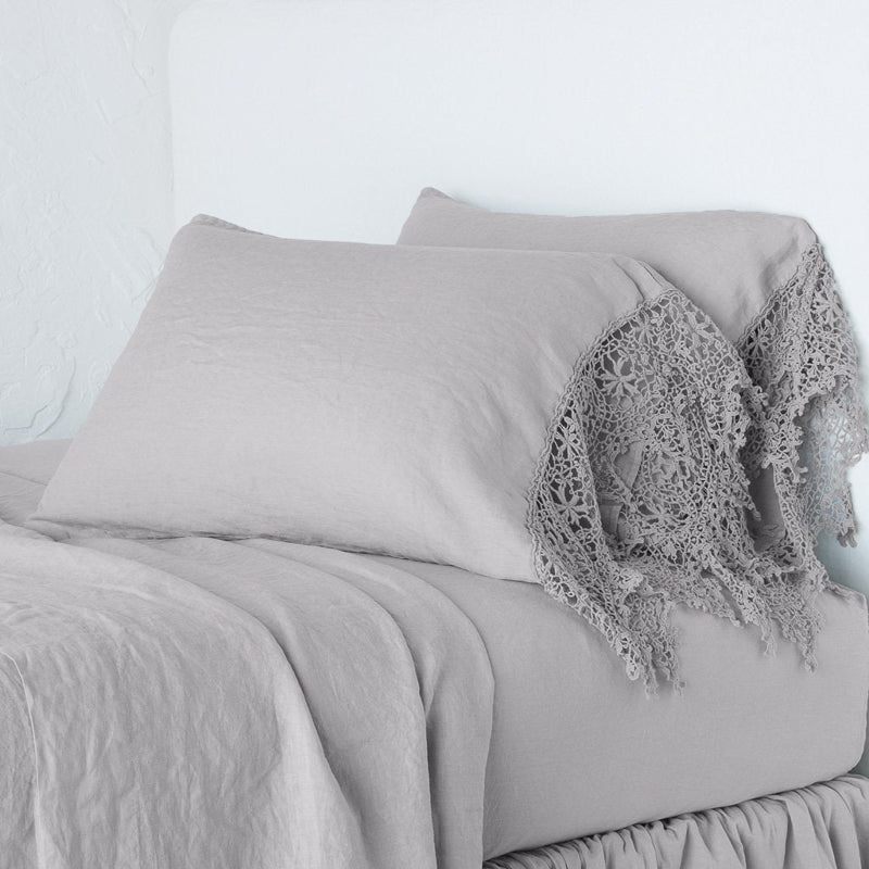Bella Notte Linens LINEN PILLOWCASE WITH COTTON LACE TRIM Fog