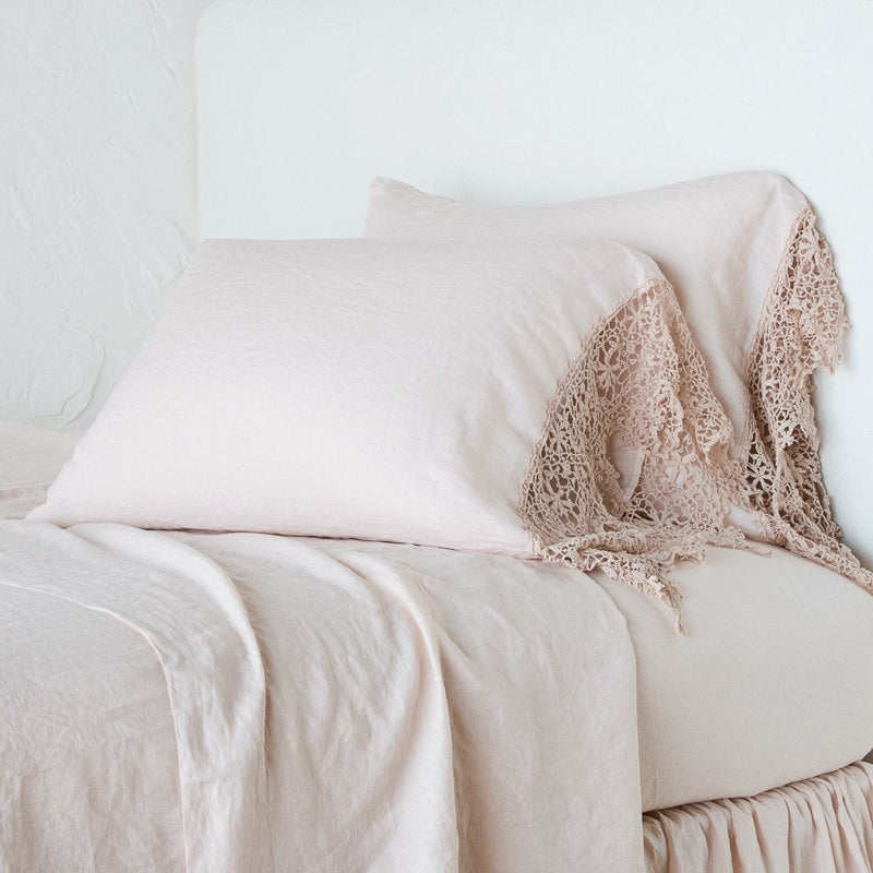 Bella Notte Linens LINEN PILLOWCASE WITH COTTON LACE TRIM Pearl