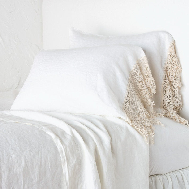 Bella Notte Linens LINEN PILLOWCASE WITH COTTON LACE TRIM Winter White