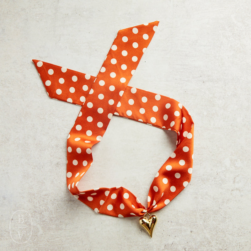 Virtue PUFF HEART ON SCARF NECKLACE Burnt Orange Polka Dot