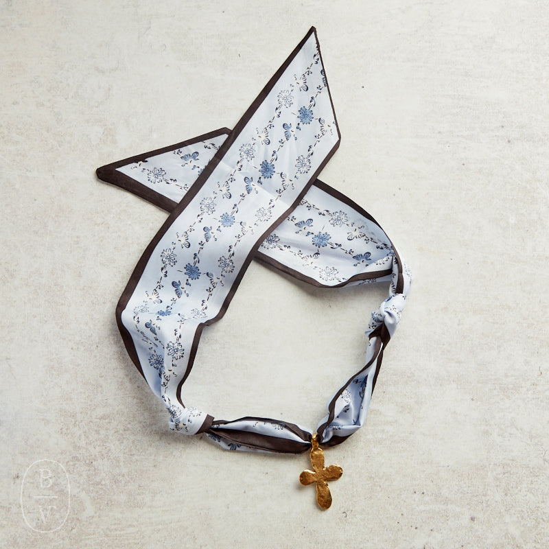 Virtue GOLD LONG TAIL CROSS SCARF NECKLACE Blue Line Floral