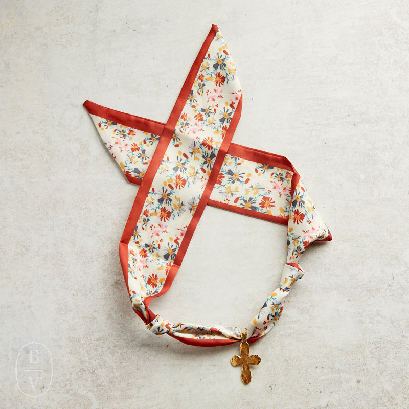 Virtue GOLD LONG TAIL CROSS SCARF NECKLACE Brick Floral