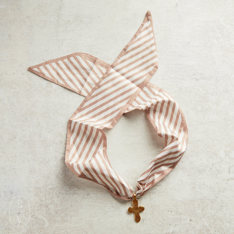 Virtue GOLD LONG TAIL CROSS SCARF NECKLACE Taupe Stripe
