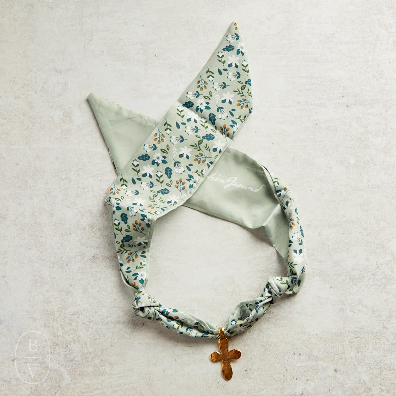 Virtue GOLD LONG TAIL CROSS SCARF NECKLACE Mint Floral