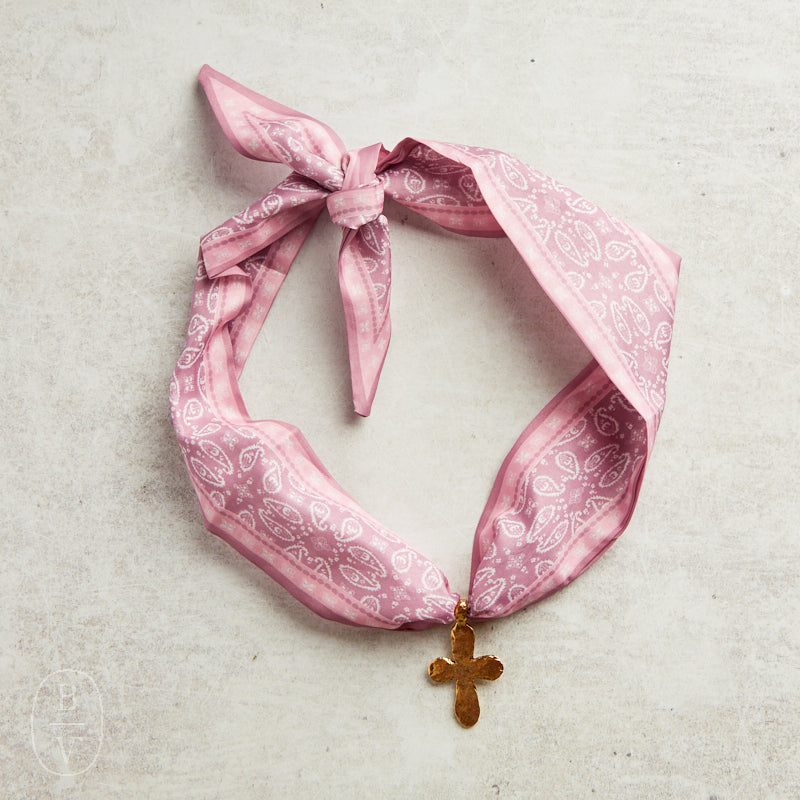 Virtue GOLD LONG TAIL CROSS SCARF NECKLACE Pink Paisley