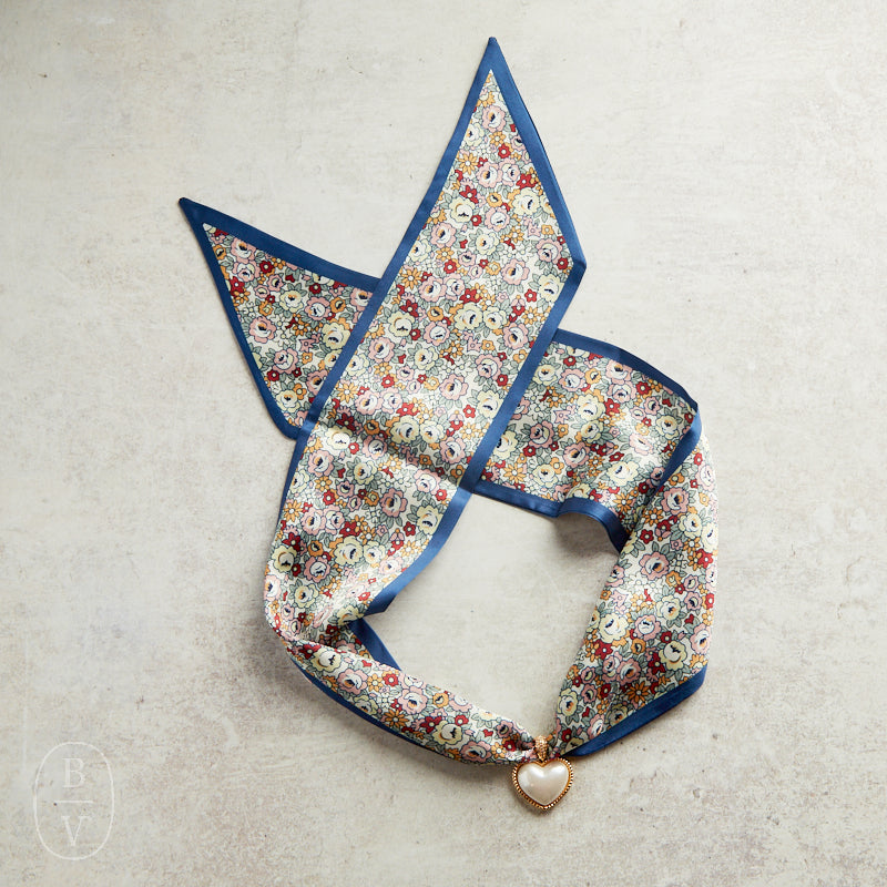 Virtue GOLD PUFF PEARL HEART SCARF NECKLACE Blue Trim Wildflower