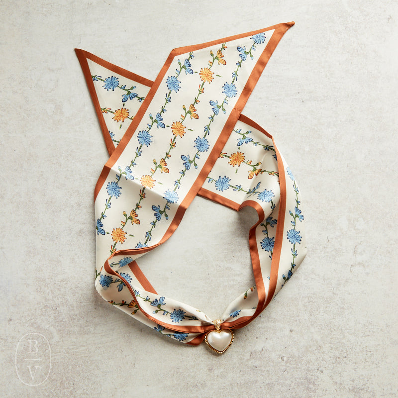 Virtue GOLD PUFF PEARL HEART SCARF NECKLACE Blue Burnt Orange Trim