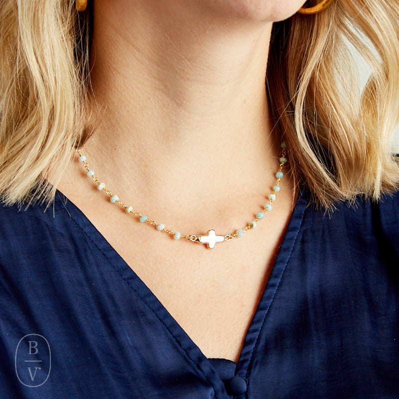 Virtue PEARL SIDEWAYS CROSS ROSARY NECKLACE