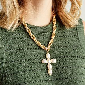 Virtue GOLD LARGE PEARL CROSS ETCHED CHAIN NECKLACE