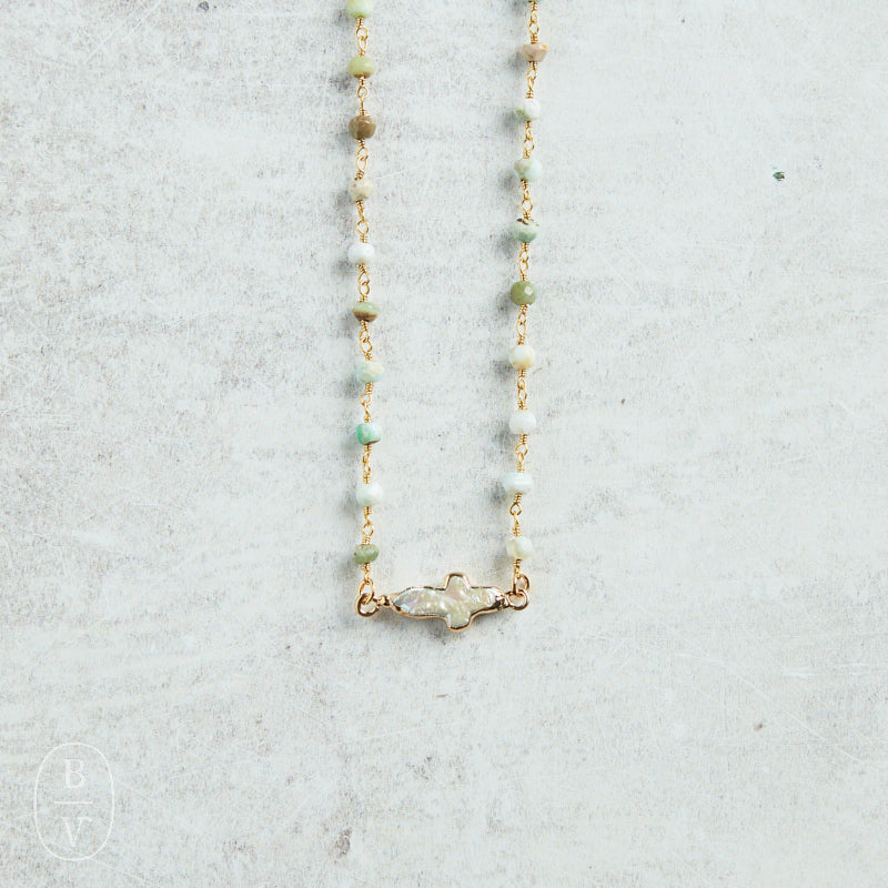 Virtue PEARL SIDEWAYS CROSS ROSARY NECKLACE Amazonite