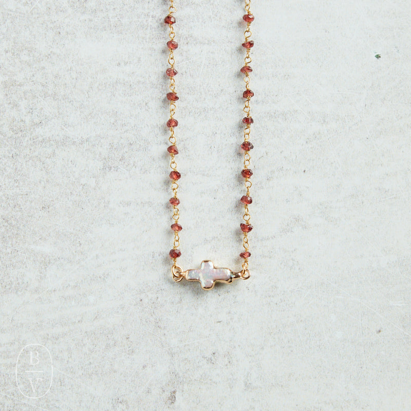 Virtue PEARL SIDEWAYS CROSS ROSARY NECKLACE Chocolate