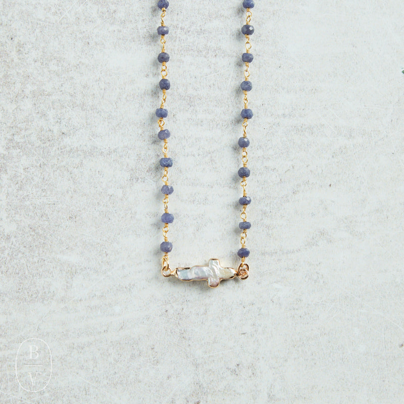 Virtue PEARL SIDEWAYS CROSS ROSARY NECKLACE Navy