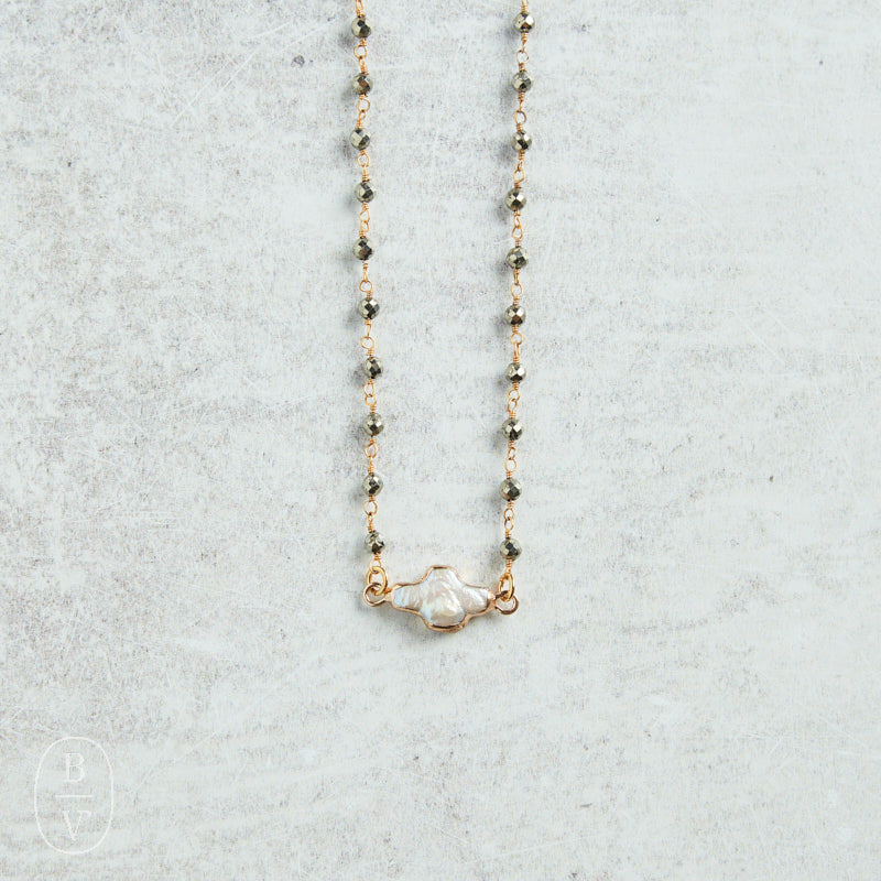 Virtue PEARL SIDEWAYS CROSS ROSARY NECKLACE Pyrite