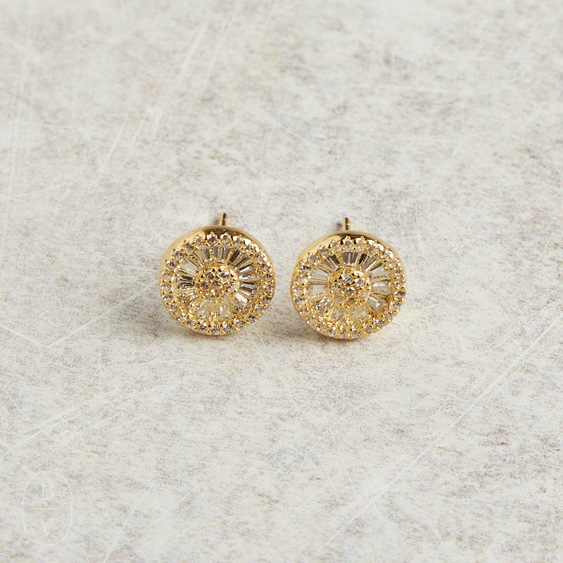Elyssa Bass Designs BAGUETTE CZ ROUND STUD EARRINGS Gold