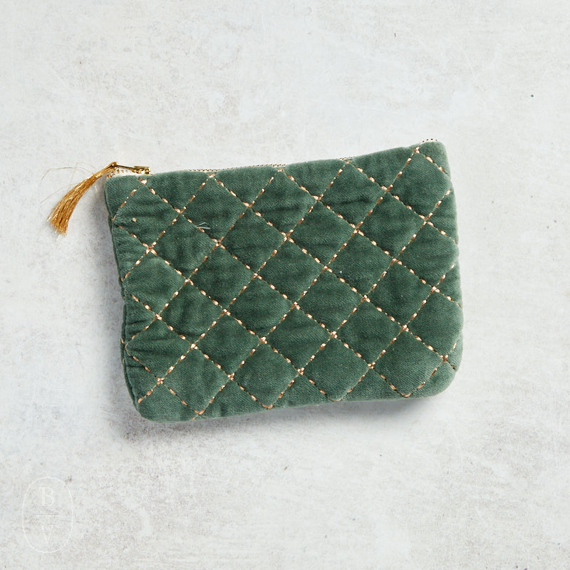 Creative Co-op METALLIC THREAD QUILTED COTTON VELVET POUCH Seaglass