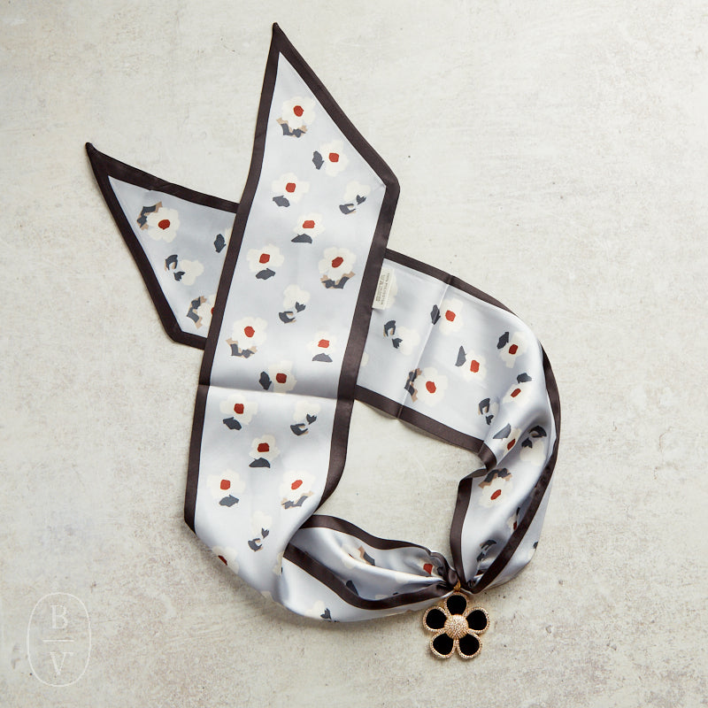 Virtue BLACK ORNATE FLOWER SCARF NECKLACE Grey Black Trim Floral
