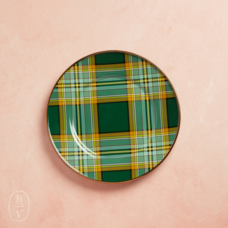 MacKenzie-Childs ENAMEL DESSERT PLATE Tartan Green