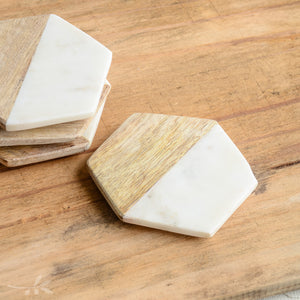 Creative Co-op HEXAGON MARBLE WOOD COASTER SET OF 4