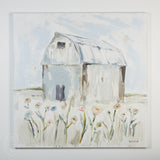 Sarah Robertson BLUE BARN WITH FLOWERS PAINTING