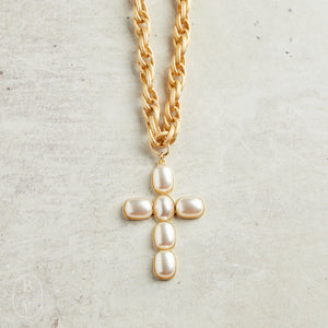 Virtue GOLD LARGE PEARL CROSS ETCHED CHAIN NECKLACE Gold