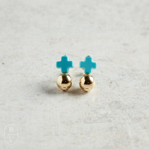eNewton Design SIGNATURE CROSS GOLD STUD Turquoise