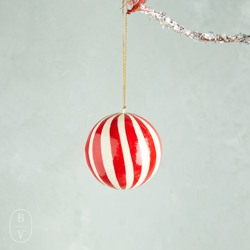 Creative Co-op PAPER MACHE STRIPED BALL ORNAMENT Red White