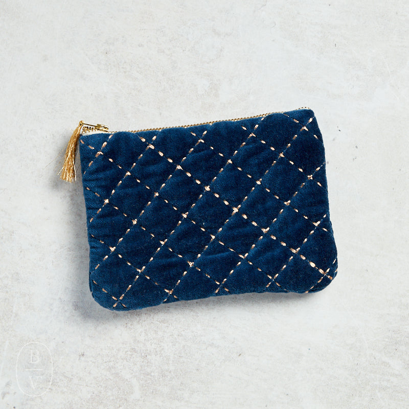 Creative Co-op METALLIC THREAD QUILTED COTTON VELVET POUCH Navy