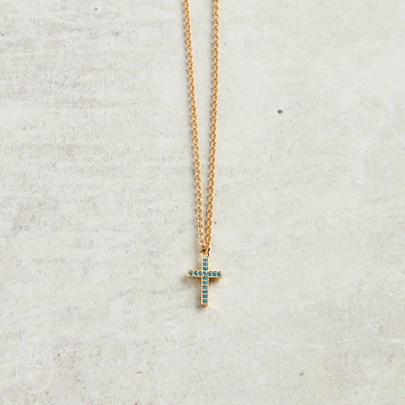 Virtue CZ CROSS GOLD MINI ROLO CHAIN NECKLACE Turquoise