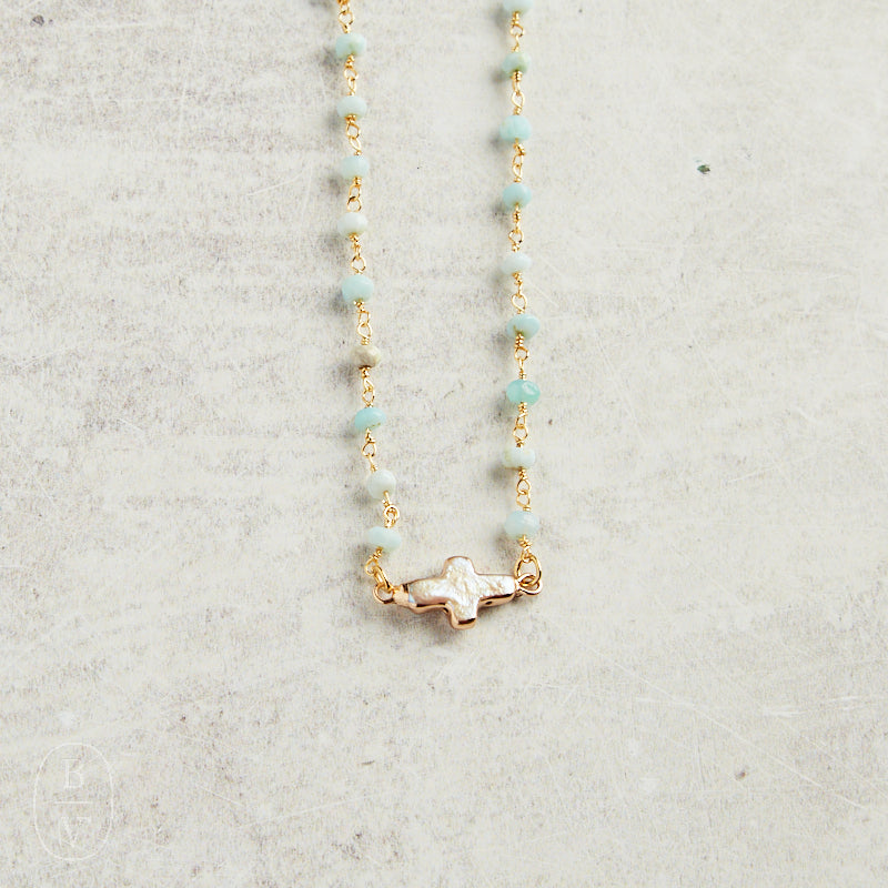 Virtue PEARL SIDEWAYS CROSS ROSARY NECKLACE Mint