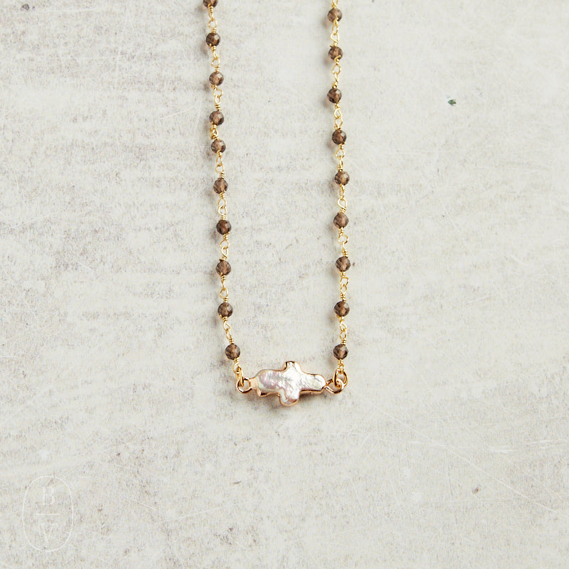 Virtue PEARL SIDEWAYS CROSS ROSARY NECKLACE Grey