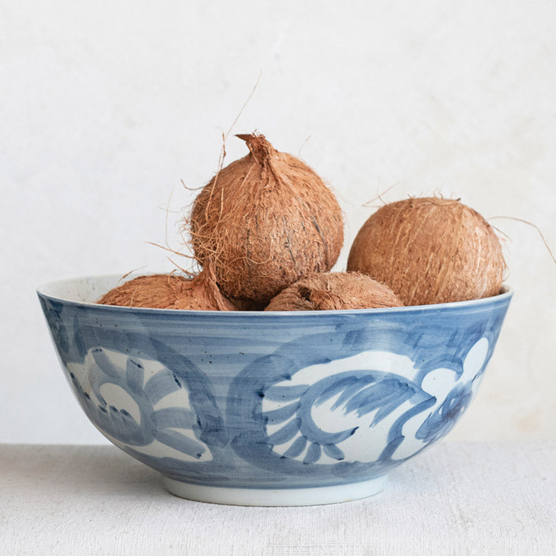 Creative Co-op HAND PAINTED STONEWARE BOWL Blue Flowers