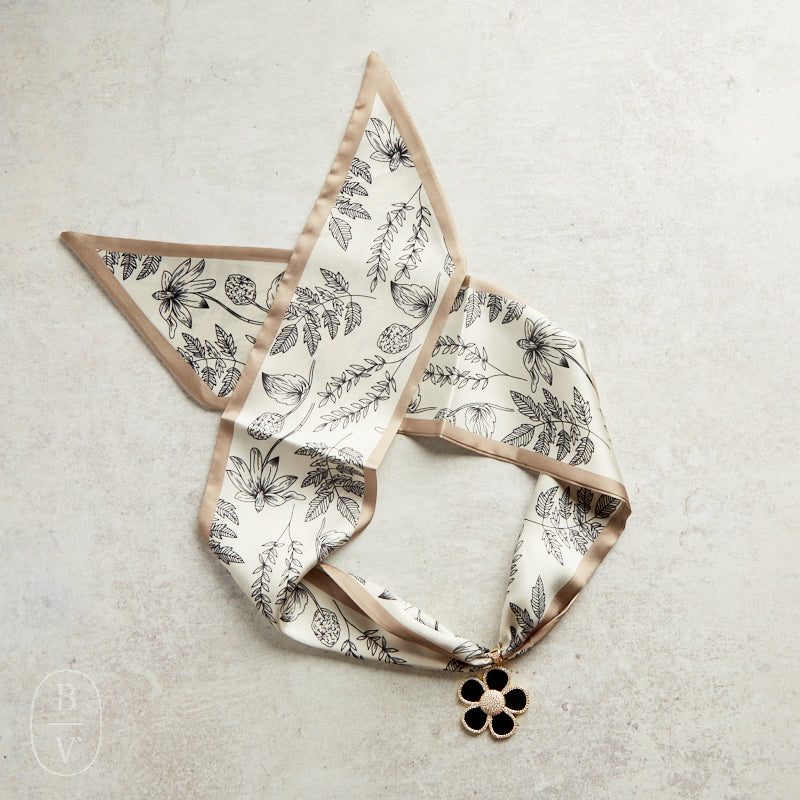 Virtue BLACK ORNATE FLOWER SCARF NECKLACE Taupe Foliage