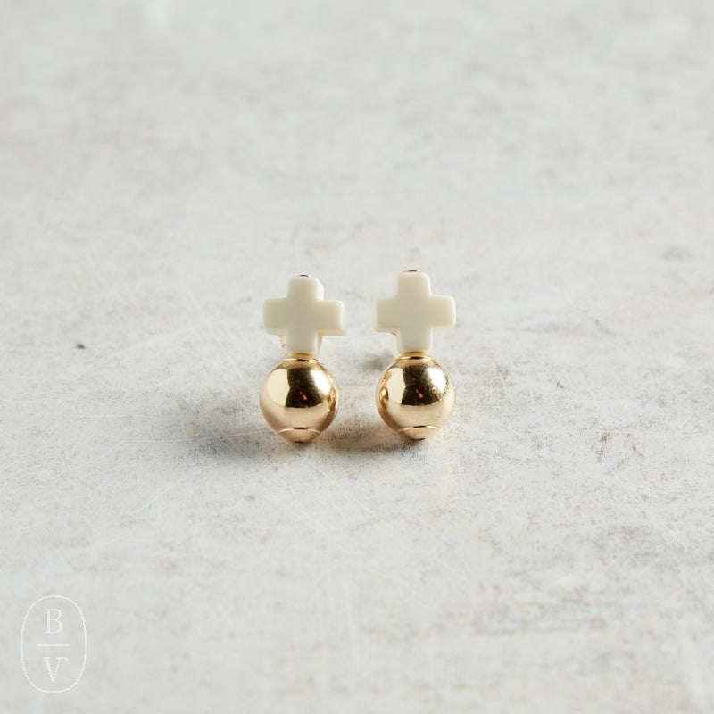 eNewton Design SIGNATURE CROSS GOLD STUD Off White