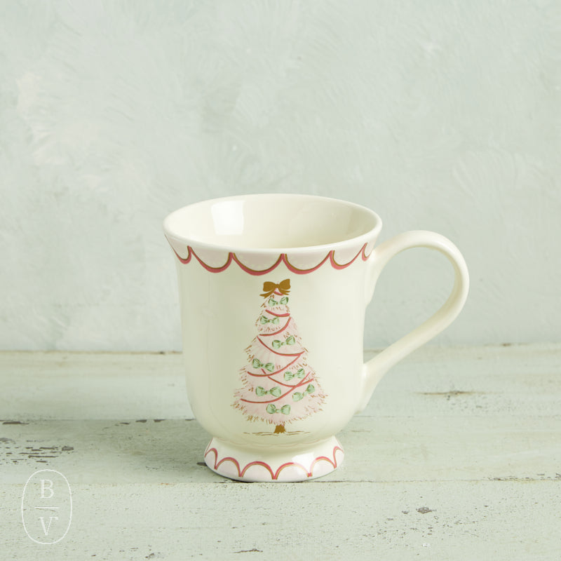 Creative Co-op CHRISTMAS TREE STONEWARE MUG Pink Tree with Green Bows