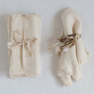 Creative Co-op LINEN BLEND NAPKINS WITH FRINGE TRIM SET OF 4
