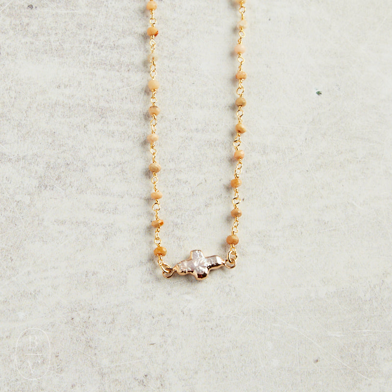 Virtue PEARL SIDEWAYS CROSS ROSARY NECKLACE Sand