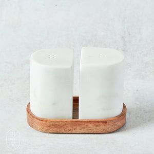 Bloomingville MARBLE SALT AND PEPPER SHAKERS ON WOOD TRAY