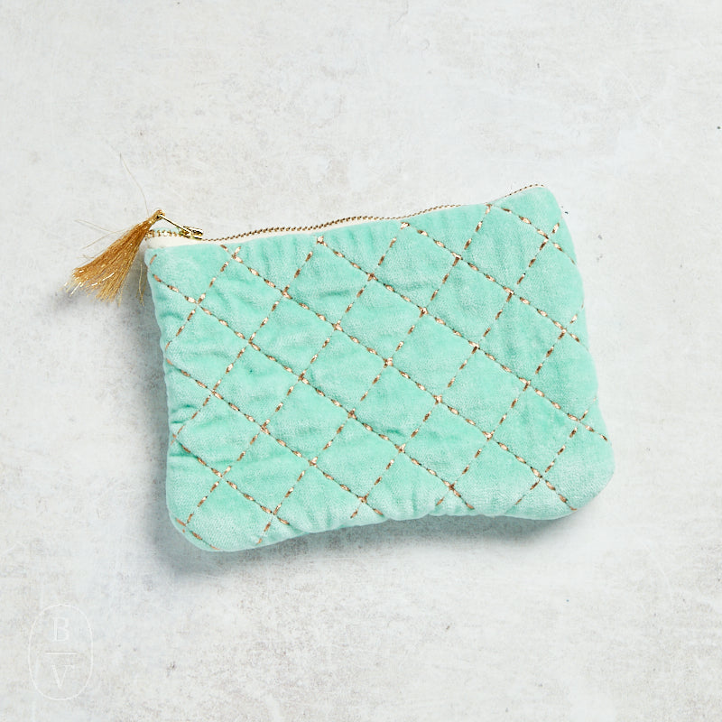Creative Co-op METALLIC THREAD QUILTED COTTON VELVET POUCH Aqua