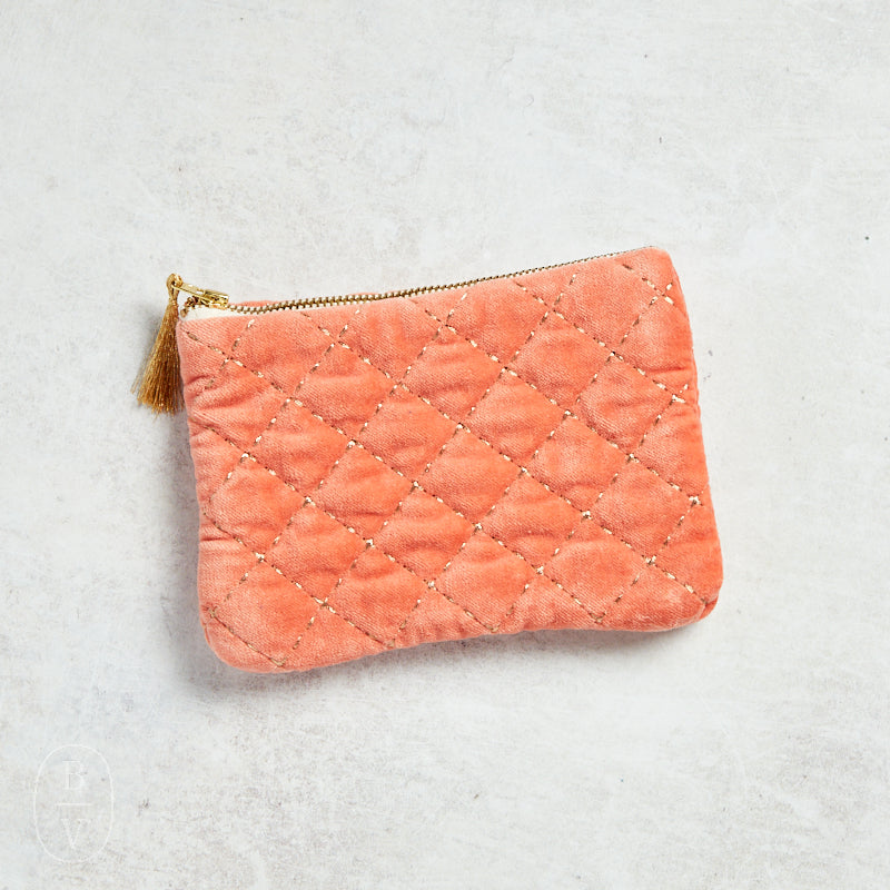 Creative Co-op METALLIC THREAD QUILTED COTTON VELVET POUCH Coral