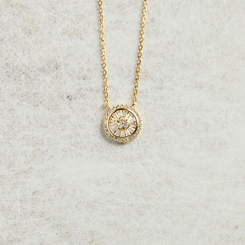 Elyssa Bass Designs ROUND DISC BAGUETTE CZ NECKLACE Gold